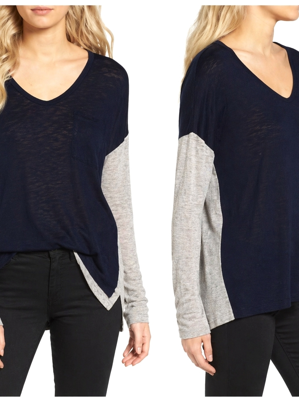 Madewell Black and Heather Gray Long Sleeve V-Neck Tee Sz Med